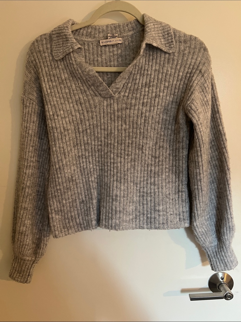 Gray Ribbed V-Neck Collar Sweater